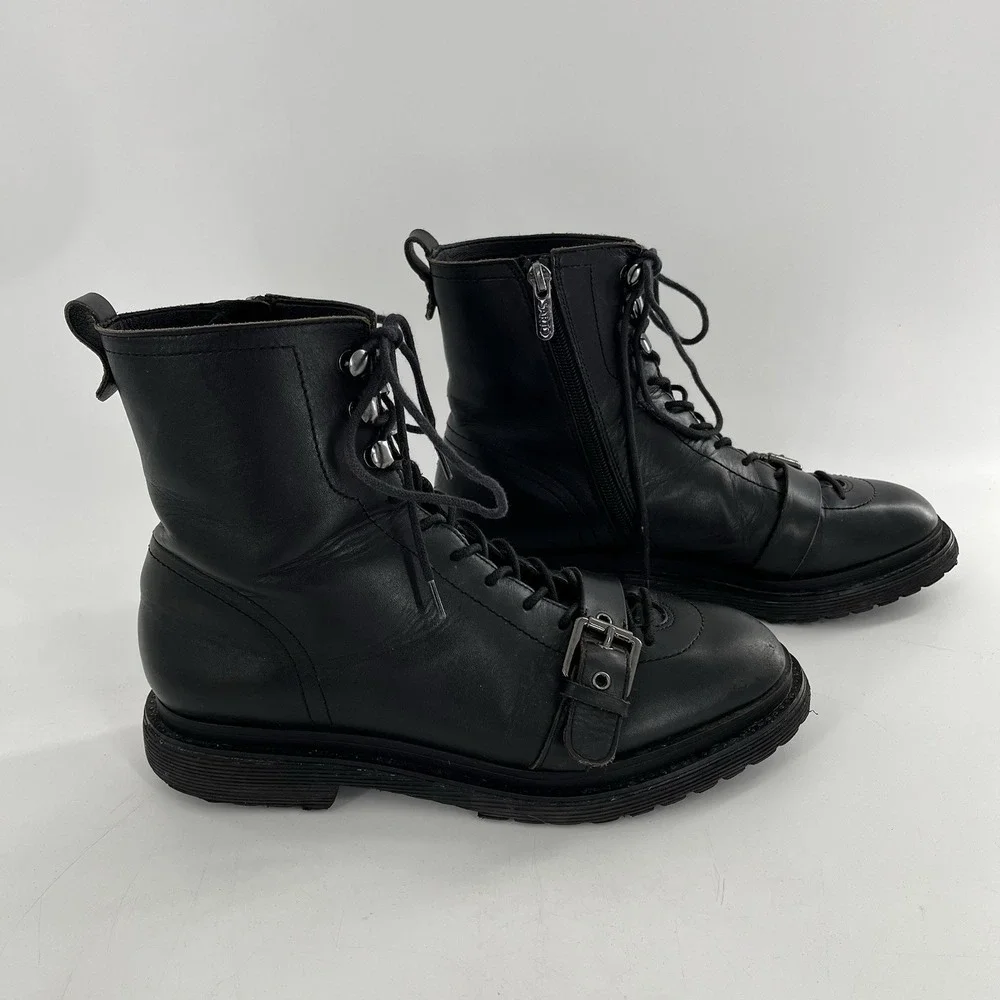 Franco Sarto Booties Ankle Boot Block Heel‎ Buckle Lace Zip Moto Black 8.5 Goth